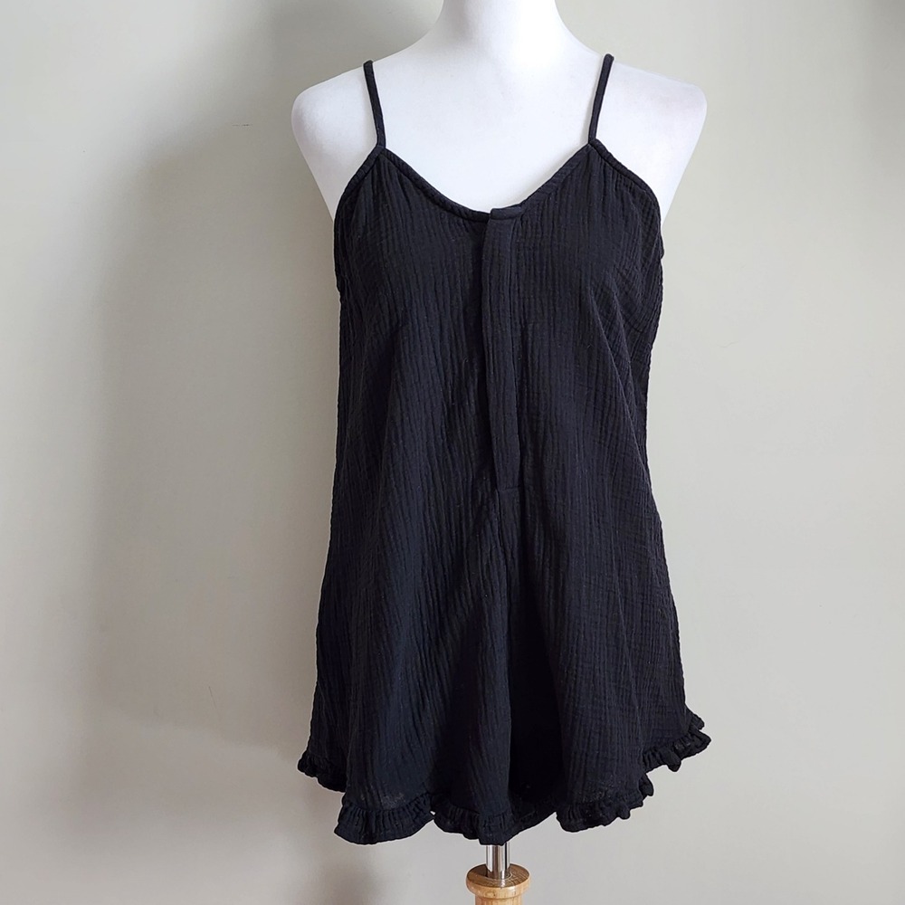 Cotton Gauze Romper Womens S Black Ruffle Hem Sleeveless Summer Boho Vacation
